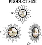 Set of 3 Black Metal Sunburst Wall Mirrors - 12" Round Decorative Art for Living Room Bedroom Bathroom Entryway, No Assembly Required, Rust Resistant Design - Image 2