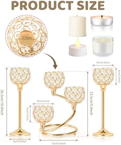 Gold Metal Crystal Candle Holder Set of 3 - Elegant 5-Arm Metal Tea Light Centerpiece with Shining Crystal Bowl, Wedding Anniversary Table Decor for Dining, Party - Image 3