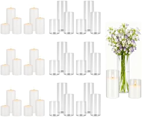 VEVOR Pillar Candles and Glass Vases Set 36 Pcs, Clear Cylinder Hurricane Candle Holders for Wedding Centerpieces, Tall Vase for Table Decor, Wedding Party, Thanksgiving, White (3.4" x 4.7",7.1",9.8") by VEVOR