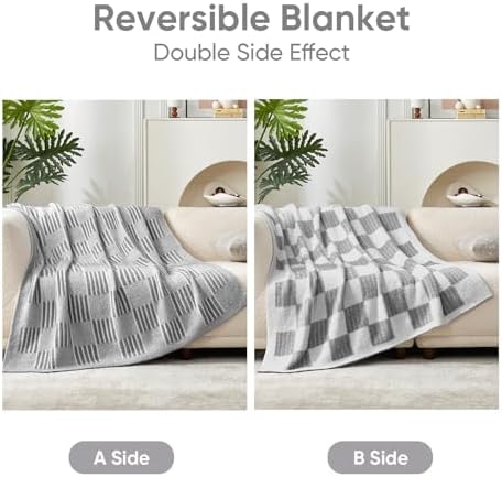 Snuggle Sac Checkered Throw Blanket for Couch,Reversible Soft Cozy Fluffy Blankets for Sofa Bedroom,Cute Lightweight Striped Throws for Women,Heather Light Grey,50x60 inches - Image 3