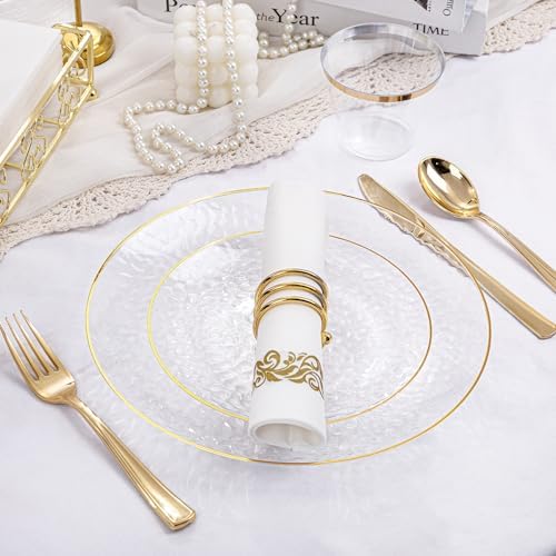 Rubtlamp 175 Pcs Plastic Dinnerware Set (25 Guests), Clear And Gold Plastic Plates, Hammered Party Plates Include Dinner Platos, Dessert Platos, Cups, Gold Cutlery Set And Napkins for Party - Image 2
