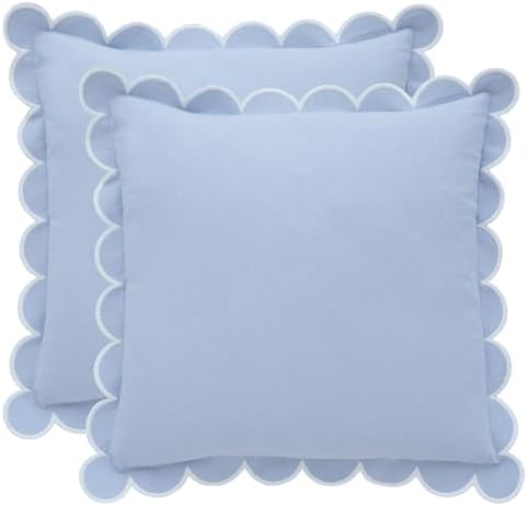 BEBE BASK Scalloped Pillow Cover Set of 2, 18x18, Cotton - Sky Blue/White by BEBEBASK%C2%AE