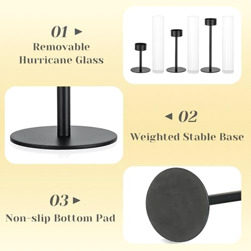 Hewory Black Taper Candle Holders: Candlestick Holders Set of 3 Hurricane Glass Tall Candle Holder for Candlesticks Candle Sticks Holder Decor for Table Centerpiece Wedding Party Christmas Decorations - Image 5