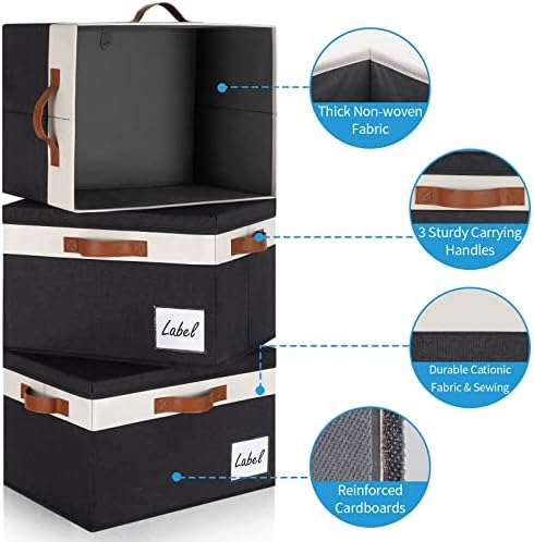GhvyenntteS Large Storage Bins with Lids (3 Pack), Storage Baskets with Lid and Label Window, Foldable Fabric Storage Boxes with 3 Handles for Home Office College Dorms (Black, 15" x 11" x 9.7") - Image 4