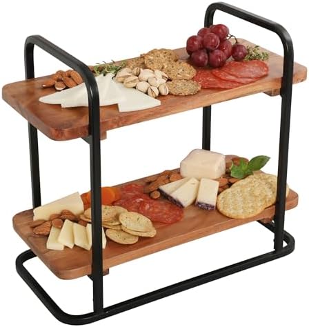 Gibson Home Gracious Dining 2-Tier Wooden Serving Tray with Metal Frame – Acacia Wood Rectangle Charcuterie Board, Cheese Platter, Dessert Display Stand for Buffet, Kitchen, Dining, or Events by GibsonHomewares
