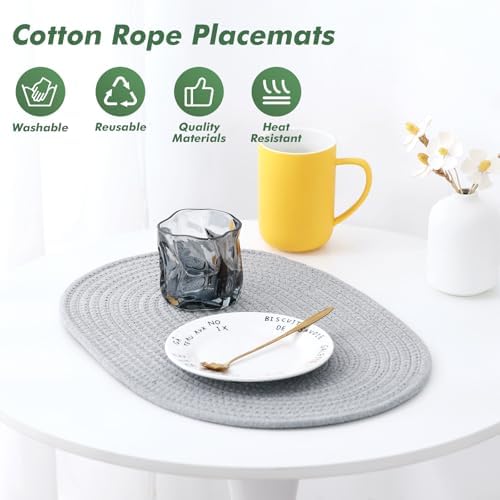 Oval Woven Placemats Set of 8 Heat Resistant Placemats 17.5 x 12 Inches Farmhouse Cotton Rope Place Mats for Dining Tables Trivets for Hot Dishes, Grey Set - Image 2