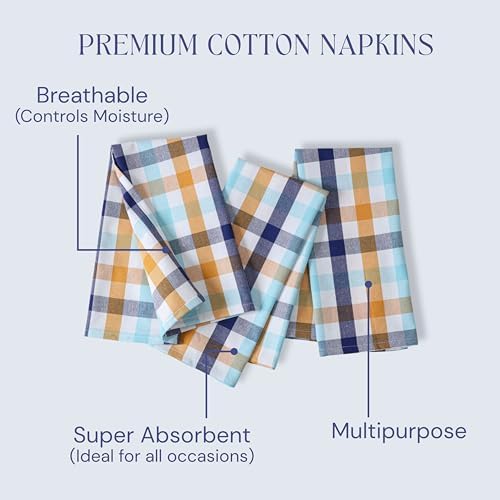 Gingham Plaid Cloth Napkins Set of 12, 18x18 Inches, Washable Reusable Table Linens for Hosting Guests, Dinner Party, and Seasonal Gatherings - Indigo Blue, Mustard Yellow, Aqua Blue - Image 3