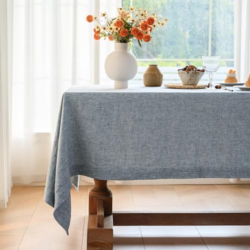 Linen World Yarn-Dyed Linen Tablecloth 90x132inch, Denim Look Table Cover, 100% French Linen Chambray Blue, Soft & Breathable Natural Flax, Washed Table Cloth for Dining & Everyday Use by LLinenWorld