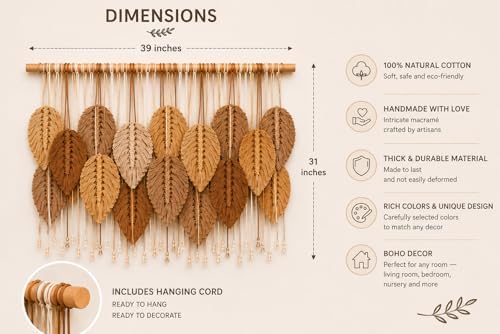 Macrame Wall Hanging Large, Boho Wall Decor, Leaf Macrame Wall Art, Woven Cotton Tapestry for Bedroom Living Room (Beige and Brown) 39" x 31" - Image 2