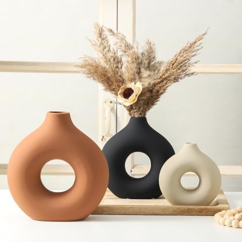 Vanselia Ceramic Vase Home Table Decor - Flower Vases Set of 3 Small Living Room Centerpiece Decorations for Shelf Bedroom Office Kitchen Dining Desk Modern Aesthetic Farmhouse Decorative (Rust) - Image 7