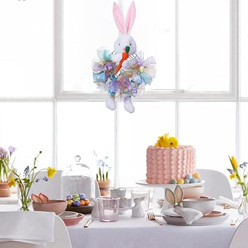 Easter Wreaths for Front Door with Lights,Easter Door Wreath,Easter Mesh Wreath,Bunny Spring Colorful Easter Decorations Holiday Ornament for Home Indoor Outdoor Supplies (Blue Bunny) - Image 2