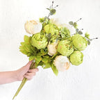 FiveSeasonStuff Cream Beige & Moss Green Artificial Peony Bouquet Set of 2 - Image 4