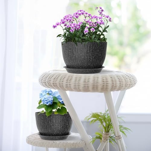 Meowell 12/10/9 inch Large Flower Pots, 3 Set Big Plant Pots for Outdoor Indoor Plants with Water Ripples, Wide Plastic Planters with Drainage Holes and Saucers for Garden House Plants, Speckled Black - Image 7