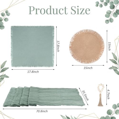 Frienda 6 Pcs Boho Woven Placemat Set with Runner, Napkin Rings, Sage Green - Image 2