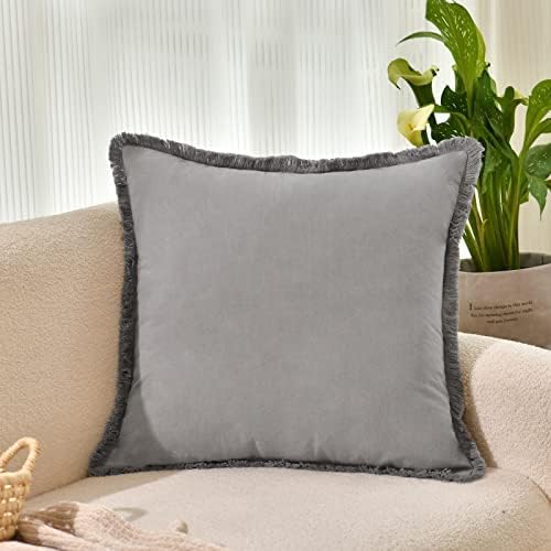 ZWJD Pillow Covers 24x24 Set of 2 Gray Throw Pillow Covers with Fringe Chic Cotton Decorative Pillows Square Cushion Covers for Sofa Couch Bed Living Room Farmhouse Boho Decor - Image 2