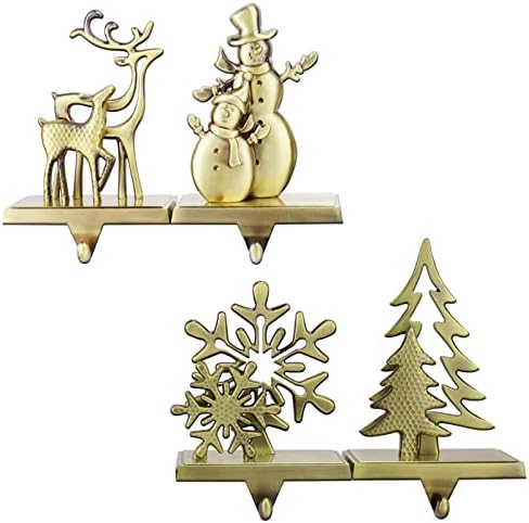Set of 4 Christmas Stocking Holders for Mantle and Tree - Reindeer, Snowflake, Snowman Designs - Bronze Fireplace Stocking Hangers - Image 4