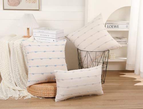 NUYECY Set of 2 Boho Throw Pillow Covers 28x28,Light Blue and White Neutral Couch Pillow Case with Tassel Fringe Decorative,Modern Accent Farmhouse Cushion Covers for Sofa Couch Bed Living Room - Image 3