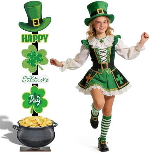 Lawnldyll 4.3FT St. Patrick’s Day Wooden Porch Sign, Shamrock Leprechaun Hat Standing Decor with base, Irish-Themed Pot of Gold Welcome Sign for Front Door Yard Home Party Festival Holiday Decoration by WelcometoLawnIdyll