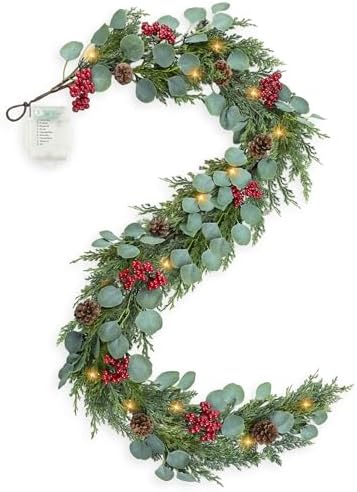 6FT Christmas Garland with Lights Artificial Pine Cypress Eucalyptus Garland with Red Berries Christmas Tips Cedar Garlands,Christmas Decorations Holiday Indoor Outdoor Winter Garland by MDSTBN