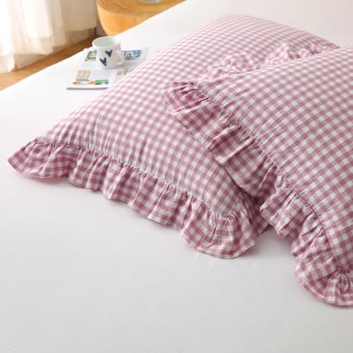 Silnuo Vintage Pink/White Gingham Ruffled King Size Pillow Shams Set of 2 - Image 5