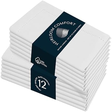 White Cloth Napkins 18x18 Inch - 12 Pack - 100% Cotton, Absorbent, Soft, Washable, Reusable - Hemstitch Mitered Edges - Perfect for Weddings, Baby Showers, Holiday, Formal Events by HEIRLOOMCOMFORT