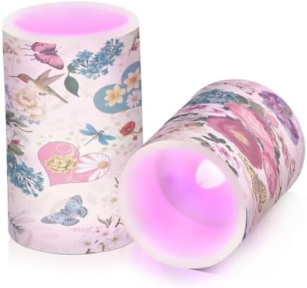 Beautiful Spring Flowers Butterflies Hummingbirds Flickering Flameless Candles Battery Operated with Remote Timer,Tea Light Candles LED Pillar Votive Candles set of 2 for Outdoor Indoor Decorations - Image 2