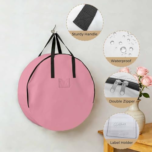 30 Inch Round Storage Bag 1 Pack,Minimalist Solid Pure Pink Waterproof Wreath Storage Container with Handles&Zipper Unadorned Single Color Art Closet Organizer Bags Garland Box - Image 5