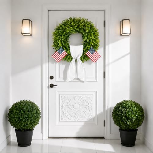 20''Boxwood Wreaths for Front Door,Artificial Spring Summer Wreath,Boxwood Wreaths with Sash,All Seasons Wreath for Farmhouse,Wedding,St Patrick's Day Decoration,Indoor & Outdoor - Image 3