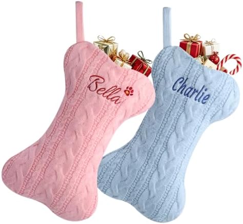 Personalized Dog Christmas Stockings,Custom Embroidered Pet Name & Bone Shape Stocking for Pet,Pink Blue Cable Knit 15.7” Large Dog Stocking for Fireplace Holiday Decor Gifts(8 Pack) by Infiher