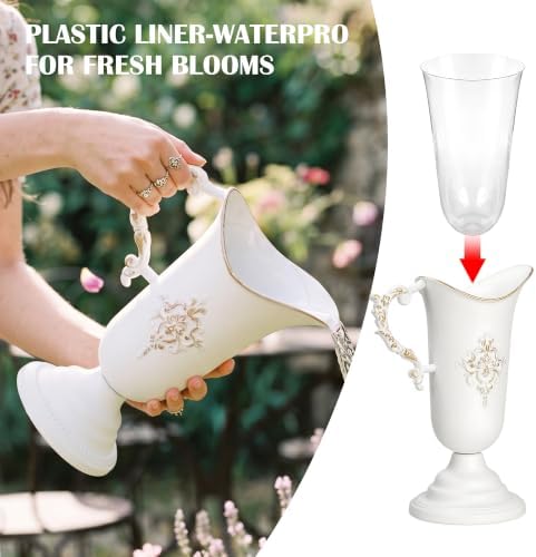 Vintage Pitcher Vases, 4Pcs Metal Flower White Vase with Handle - Image 4