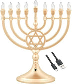 The Dreidel Company Traditional LED Electric Gold Hanukkah Menorah - Large Size 13-Inches Tall Battery or USB Powered - Includes a Micro USB Charging Cable by TheDreidelCompany