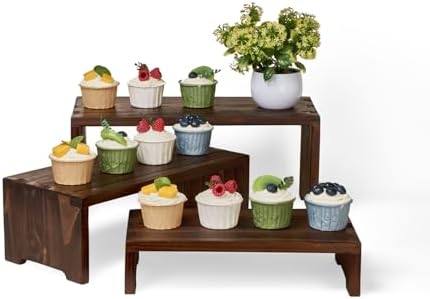 DAOYOUSKY Set of 3 Wooden Rustic Cupcake Stand for 24 Cupcakes, Stepped Wood Display Stand for Weddings, Tiered Party Buffet Table Display Nesting Riser for Food , Dessert, Cookie, Craft Show, Brown by Unknown