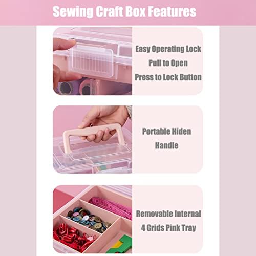 Clear Plastic Office Supply Art & Craft Storage Box, Sewing Box Organiser Large with a Removable Tray & Adjustable Partition, Portable Travel Makeup Case (Clear & pink) - Image 2