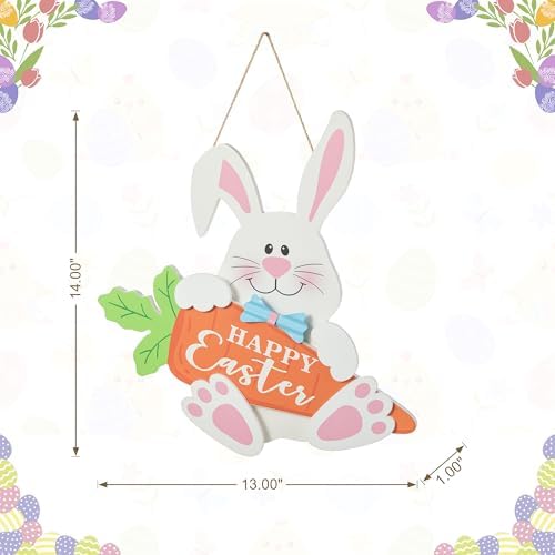 Glitzhome Happy Easter Rabbit and Carrot Hanging Sign Decor, 14" H Wooden Bunny Carrot Door Hanger with Ropes, Easter Theme Sign for Home Window Wall Farmhouse Indoor Outdoor Spring Decorations - Image 2