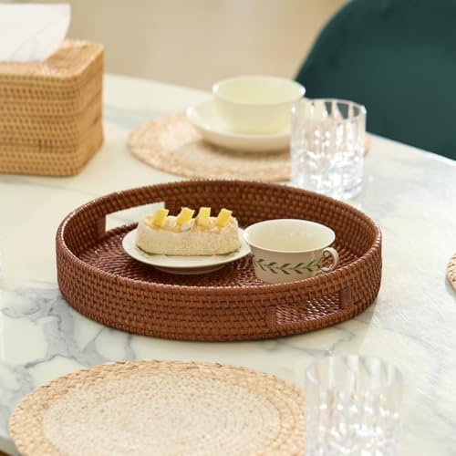 13.8 inch Round Rattan Tray, Decorative Coffee Table Tray, Ottoman Trays, Woven Serving Trays with Handles Wicker Serving Basket, Reddish-Brown - Image 6