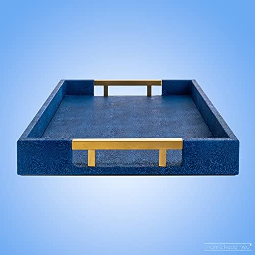 Modern Elegant 17.5”x12” Rectangle Navy Blue Faux Leather Shagreen Decorative Tray Ottoman Tray Coffee Table Perfume Living Room Kitchen Serving Tray with Brass Gold Metal Handles by Home Redefined. - Image 4