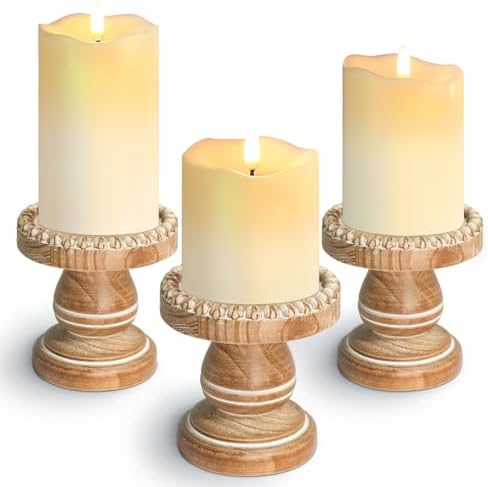Small Candle Holder for Pillar Candle Set of 3, Farmhouse Wood Candle Holder, Rustic Wooden Candle Stand, Vintage Candle Stand Decorative for Living Room, Table Centerpiece, Washed Brown by CEDARLUX