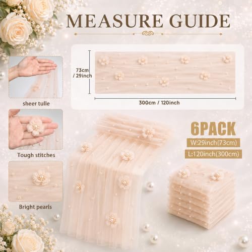 6 Pcs 29x120'' Pearl Tulle Table Runner 10ft Wedding Tablecloth, Gold - Image 5