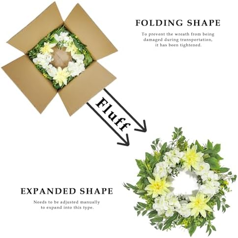 22 Inch Summer Wreaths for Front Door, Spring Summer Floral Wreath - Yellow Dahlia and White Hydrangea, Spring Door Wreath for Front Door, Porch, Outdoor, Indoor, Window, Farmhouse Decor - Image 4