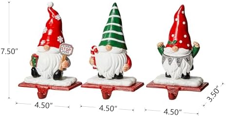 Glitzhome Christmas Stocking Holder, Set of 3 Resin Gnomes Sock Hangers Festive Gnome Figurines with Metal Base for Mantel, Fireplace, Shelf, Holiday Home Decor - Image 5