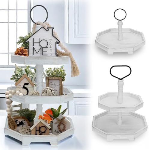 3 Tiered Tray Stand White Tier Serving Tray, Three Decorative Trays, Wooden Cupcake Stand 3 Tiered Farmhouse Tray for Home Decor(L 13.8” W 12.5” H 21.8”) by MRPAPAMakeLifemoreEasy
