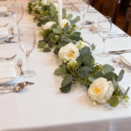 4-Pack Artificial Eucalyptus Garland with Flowers, Total 23.6FT 24 White Roses Baby's Breath Garland Floral Greenery for Wedding Party Centerpiece Table Runner Backdrop Wall Decor - Image 6