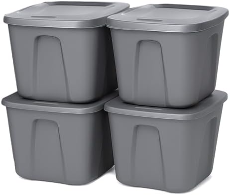 HOMZ 4-Pack Durable Molded Bin, Plastic Storage Containers w/Lids, 10 Gallon, Silver - Stackable Organizer Totes and Boxes for Bedroom, Kitchen, and Garage Organization by Homz