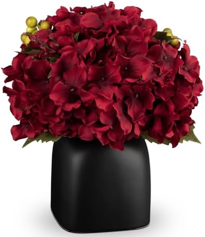 Briful Hydrangea Artificial Flowers in Ceramic Black Vase, Burgundy Silk Hydrangea Centerpieces for Tables, Realistic Dining Table Vase with Flowers for Farmhouse Home Decor Indoor by Briful