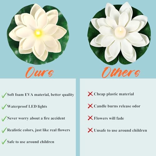 LACGO 24 PCS Waterproof Floating Lotus Lights - 5 Inch Floating Pool Flowers Battery Operated Water Activated Warm White Pool Flower Lights Wedding Anniversary Garden Decoration - Image 5