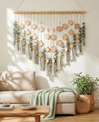 Macrame Leaf Wall Hanging Fake Eucalyptus Decor with 2-Piece Wood Slices Wall Decor Large for Bathroom Bedroom Kitchen, Artificial Wall Hanging Plants，Boho Wall Art - Image 7
