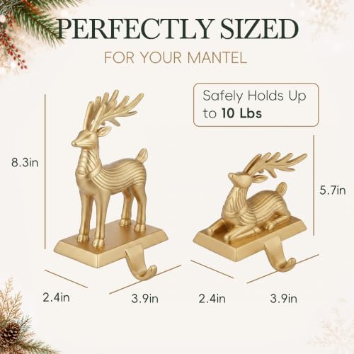 TwoDays 2-Pack Reindeer Christmas Stocking Holders for Mantle - Vintage Gold Resin Deer with Safety Adhesives, Deer Hooks Statues for Xmas Fireplace Decor - Image 3