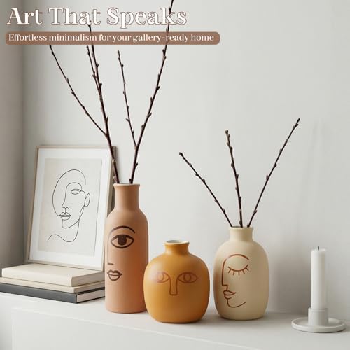 TBWIND Abstract Face Ceramic Vases Set of 3, Modern Boho Flower Vase - Image 4