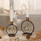 NIKKY HOME Nature Dried Flower Taper Candle Holders Set of 2, Vintage Decorative Metal Candlesticks Round Frame with Glass Centerpieces Decor for Dining Room Table Wedding Party Mantle Fireplace - Image 3