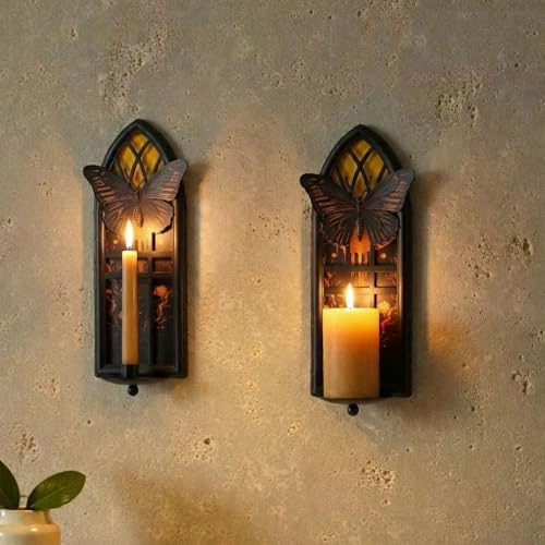 Gothic Moth Cathedral Window Wall Candle Sconces Set of 2 - Image 7
